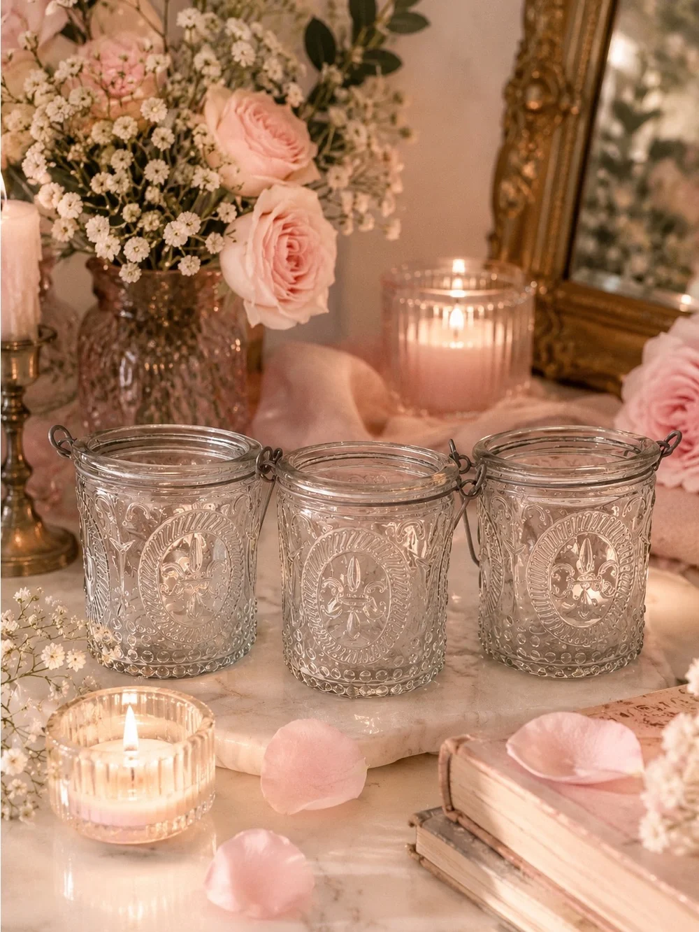 Set of 3 Fleur de Lis Glass Votive Candle Holders French Cottage Farmhouse